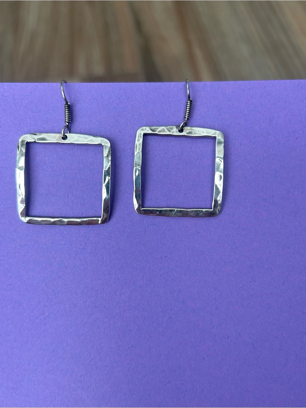 Polished & Hammered Sterling Silver Open Square Dangle Earrings - Vintage!